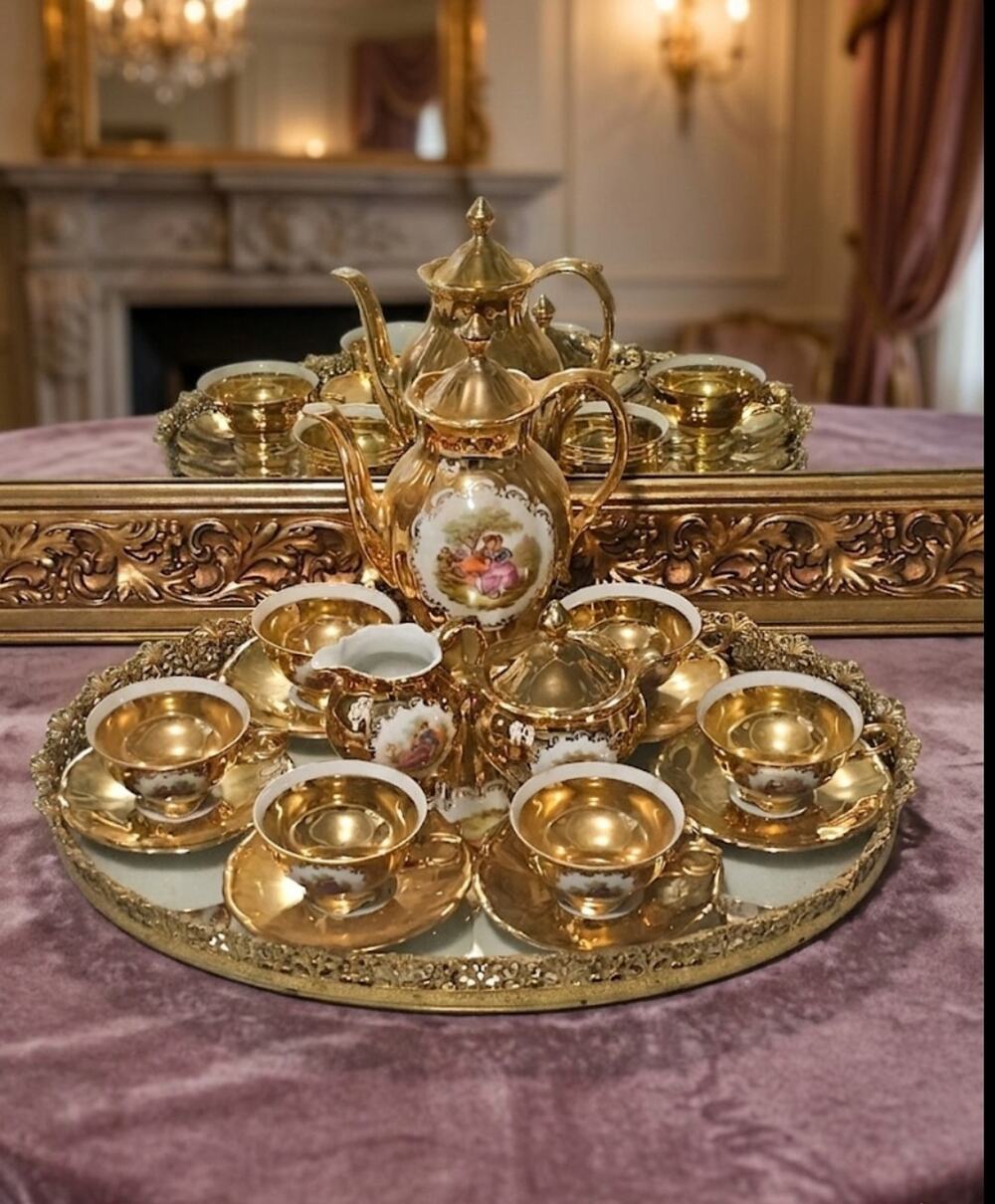 Vintage Bavaria Germany Jean-Honoré Fragonard Style 24k Denitasse Tea Set 17pc